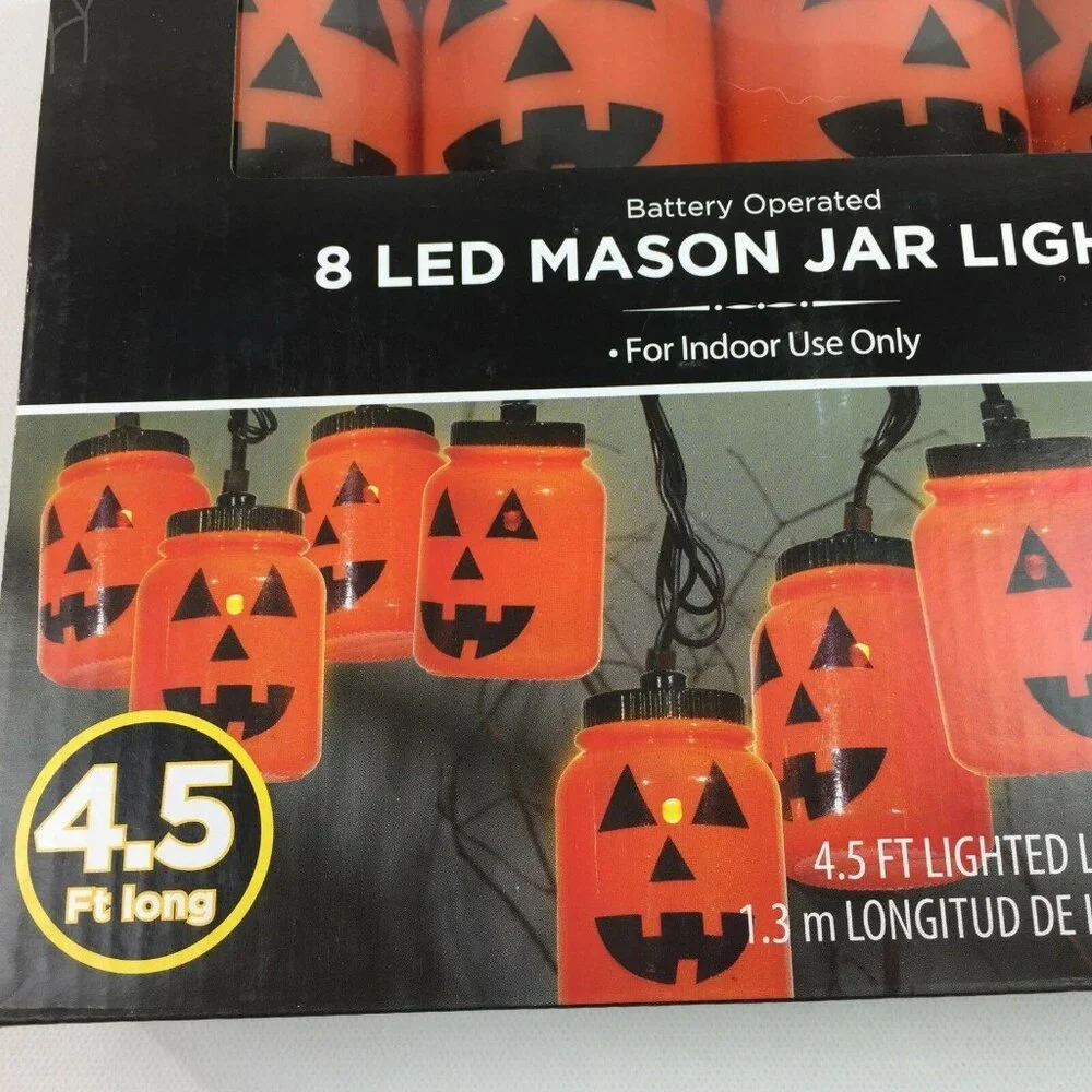 Halloween 8 LED Mason Jar Indoor Lights Battery Operated Orange Jack-O-Lantern